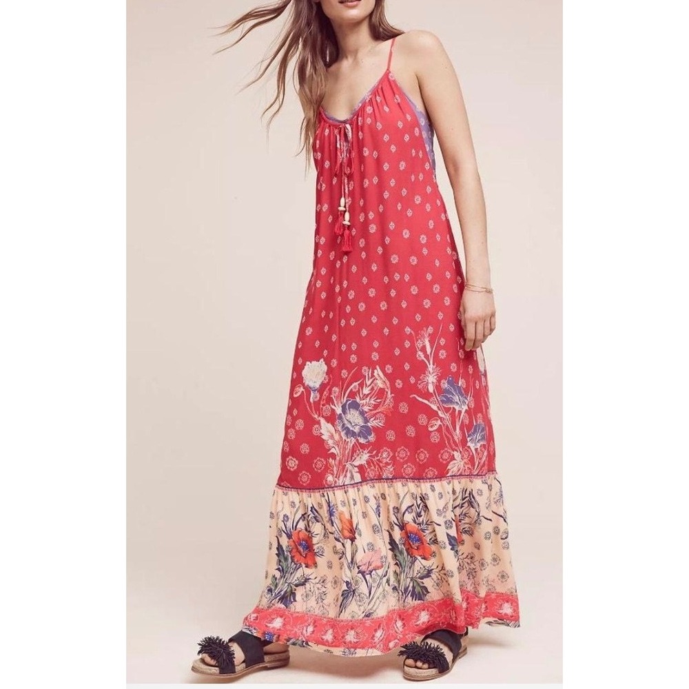 Maeve Kira Anthropologie Red Floral Mixed Print Maxi Dress Tassel Halter Size S